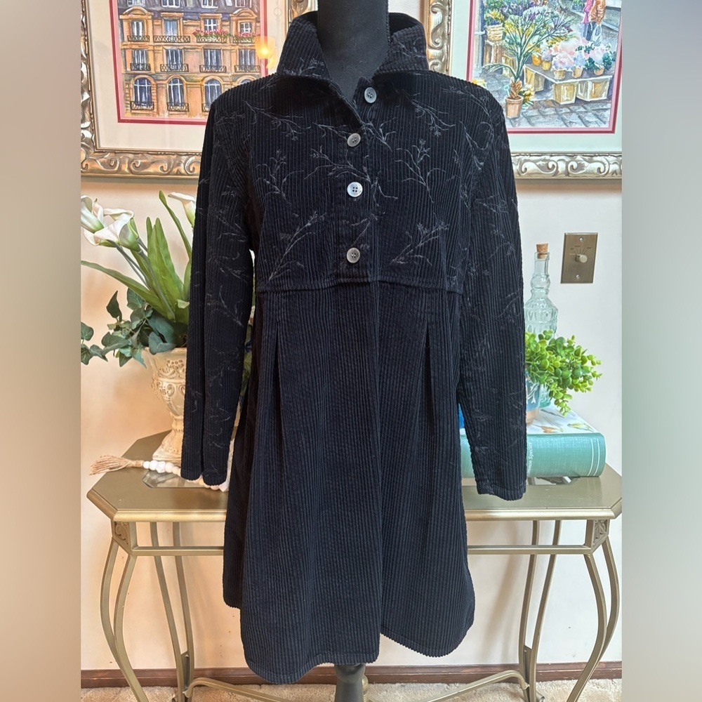 J.JILL BLACK RIBBED CORDUROY DRESS EMBROIDERED BUTTON DOWN SIZE MEDIUM PETITE
